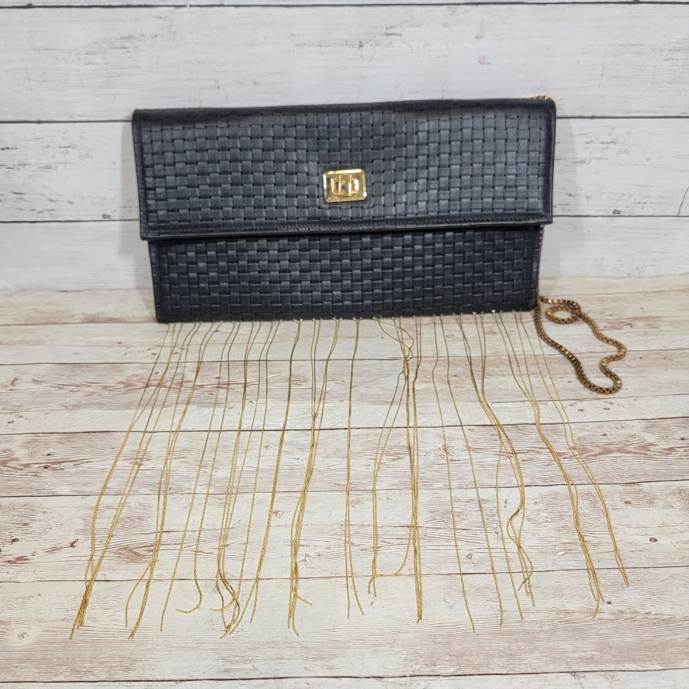Kent Stetson woven black leather bag with gold chain fringe